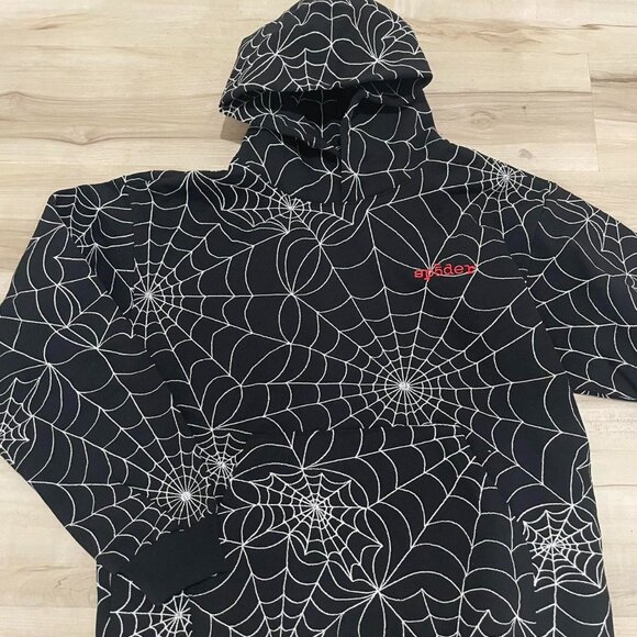 Sp5der Black Embroidered AOP Hoodie – All Over Print Streetwear - Picture 1 of 6